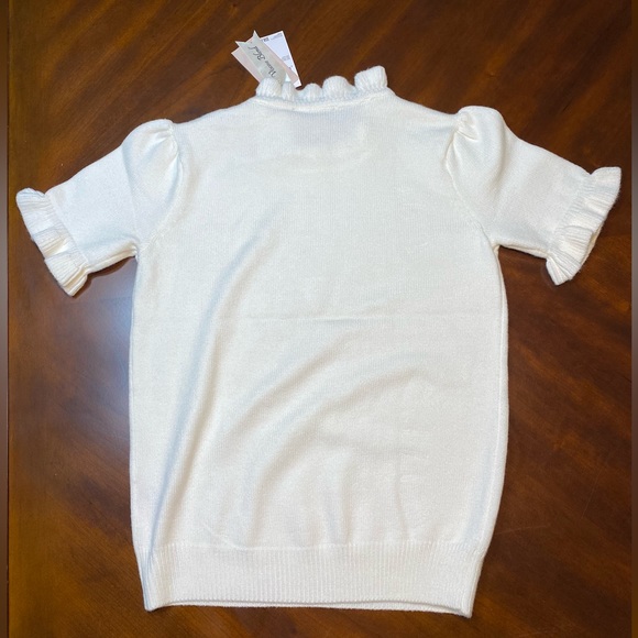 Philosophy Ivory White Pleated Short Sleeve Top Ruffle Knit Sweater - Picture 10 of 12